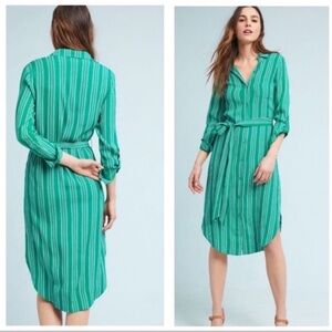 Anthropologie Maeve Martina Green Striped Belted Shirt Dress Size US 6